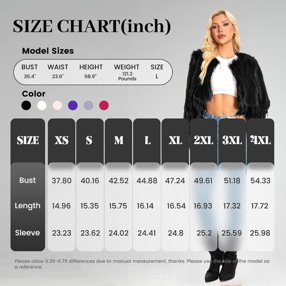 Women Plus Size Faux Fur Cropped Fuzzy Jacket Fluffy Fall Winter Coat Black - Picture 3 of 5